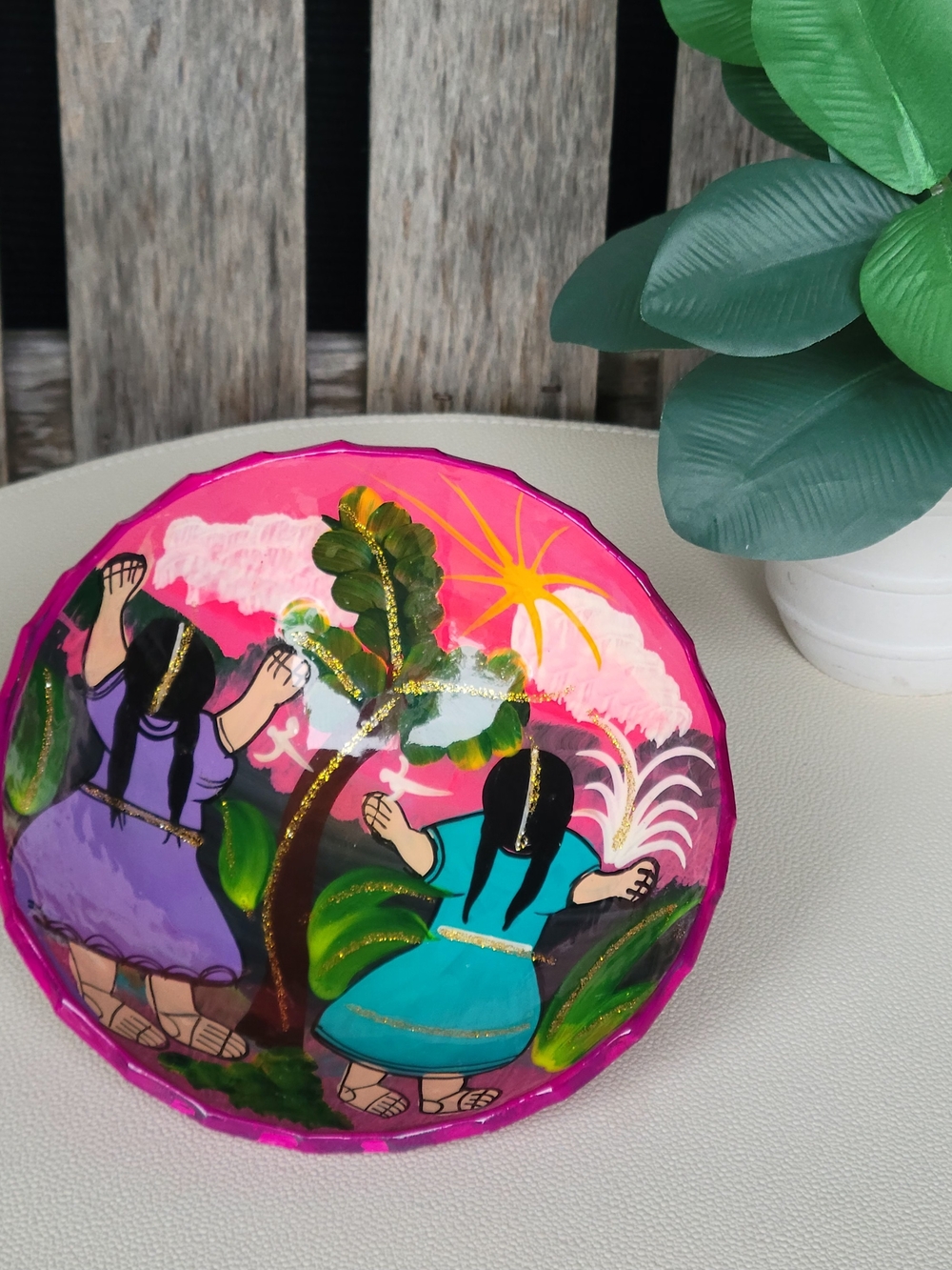 Hand-Painted Decorative Dish with Bright Magenta Dancing Girls Scene - Picture 4 of 6